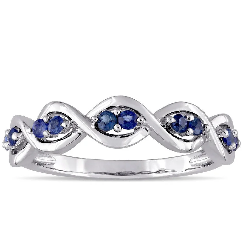 personalized gold wedding bands for women-Miadora 14k White Gold Sapphire Studded Infinity Promise Ring - Blue