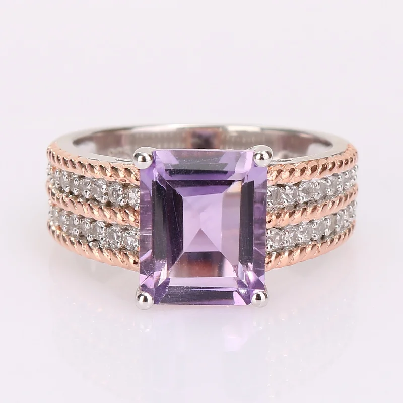 unique diamond rings for women-Miadora 2-Tone White & Rose Plated Sterling Silver Octagon Amethyst & White Topaz Cocktail Ring