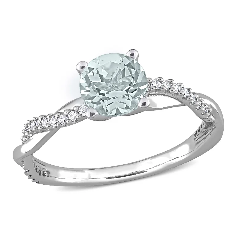 simple wedding bands with gemstones-Miadora Aquamarine and 1/6ct TDW Diamond Crossover Birthstone Ring in 14k White Gold