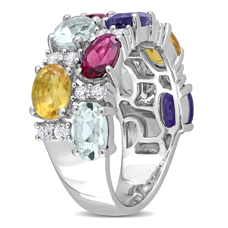 women’s rings with rubies for engagement-Miadora Aquamarine, Rhodolite, Citrine, Iolite & White Topaz Mosaic Ring in Sterling Silver