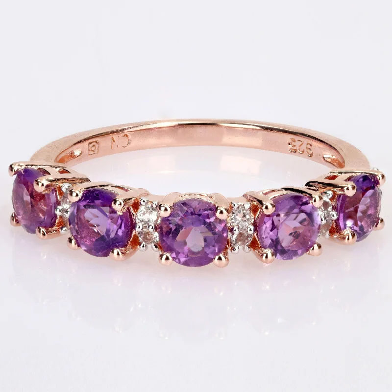 men’s promise rings with colored gemstones-Miadora Rose Plated Sterling Silver Amethyst and White Topaz Stackable Eternity Wedding Band Ring