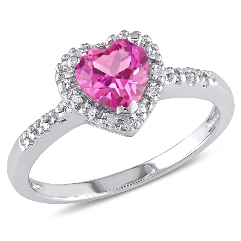 trendy gold rings with diamonds for men-Miadora Silver Created Pink Sapphire and 1/10ct TDW Diamond Heart Ring (I-J, I2-I3)