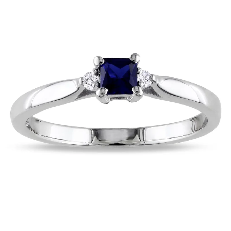 custom engagement rings with ruby stones-Miadora Silver Created Sapphire and Diamond Accent 3-stone Promise Ring