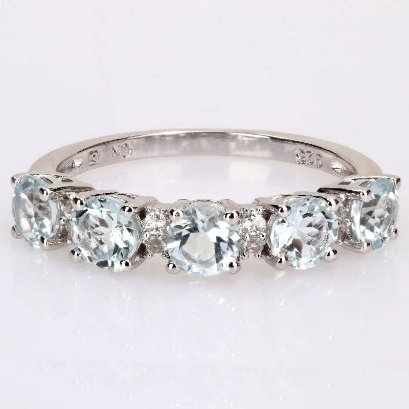 unique promise rings for men with diamonds-Miadora Sterling Silver Aquamarine and White Topaz Stackable Eternity Wedding Band Ring