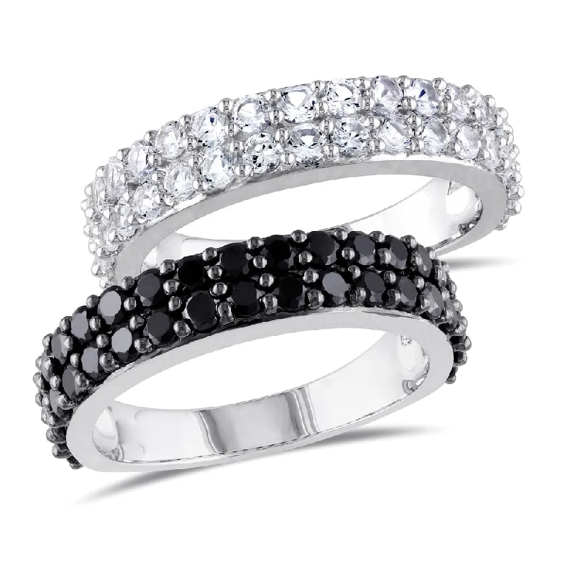 diamond wedding rings with emeralds and rubies-Miadora Sterling Silver Black Spinel and Created White Sapphire 2-piece Anniversary Stackable Ring s