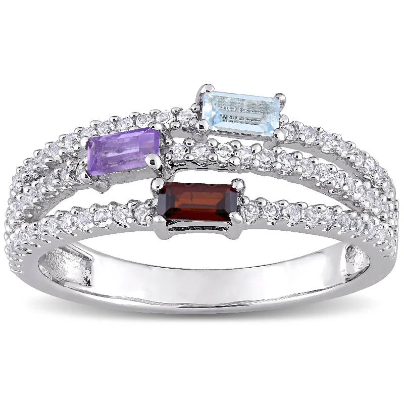 vintage wedding rings for men with diamonds-Miadora Sterling Silver Blue Topaz, Amethyst, Garnet & White Topaz Triple-Row Anniversary Band Ring