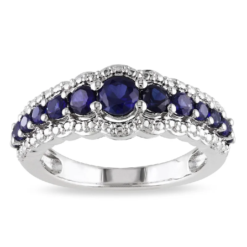 custom rings for men with engraving and gemstones-Miadora Sterling Silver Created Blue Sapphire Anniversary Band