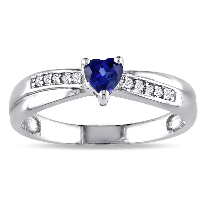 men’s wedding rings with engraved messages-Miadora Sterling Silver Created Sapphire and Diamond Accent Heart Crossover Ring