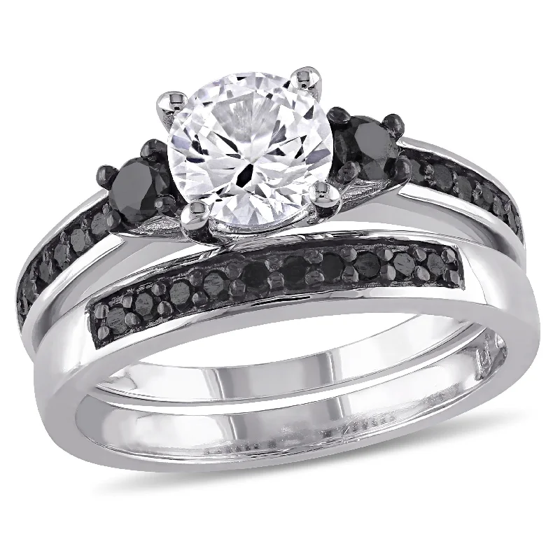 affordable engagement rings for men with rubies-Miadora Sterling Silver Created White Sapphire and 2/ 5ct TDW Black Diamond Bridal Ring Set