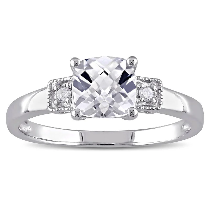 unique engagement rings for women with diamonds-Miadora Sterling Silver Cushion-cut Created White Sapphire and Diamond Ring