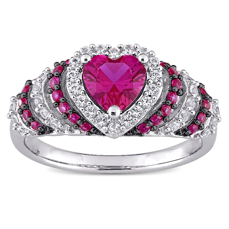 silver engagement rings with colored gemstones-Miadora Sterling Silver Heart Created Ruby and Created White Sapphire Halo Layered Cocktail Ring