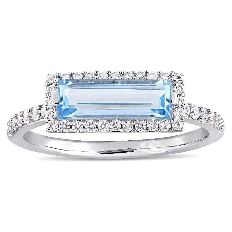 simple gold wedding bands for women with diamonds-Miadora Sterling Silver Sky-Blue Topaz and White Sapphire Rectangular Halo Ring