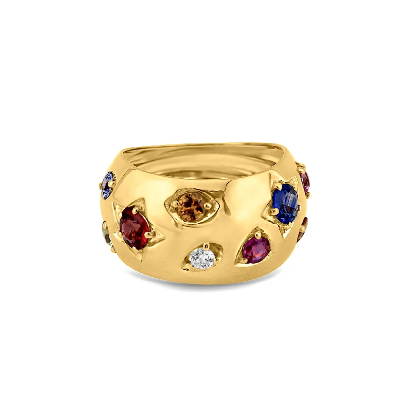 silver wedding bands with diamonds and gemstones-Mulricolor Stone Ring In 18K Yellow Gold