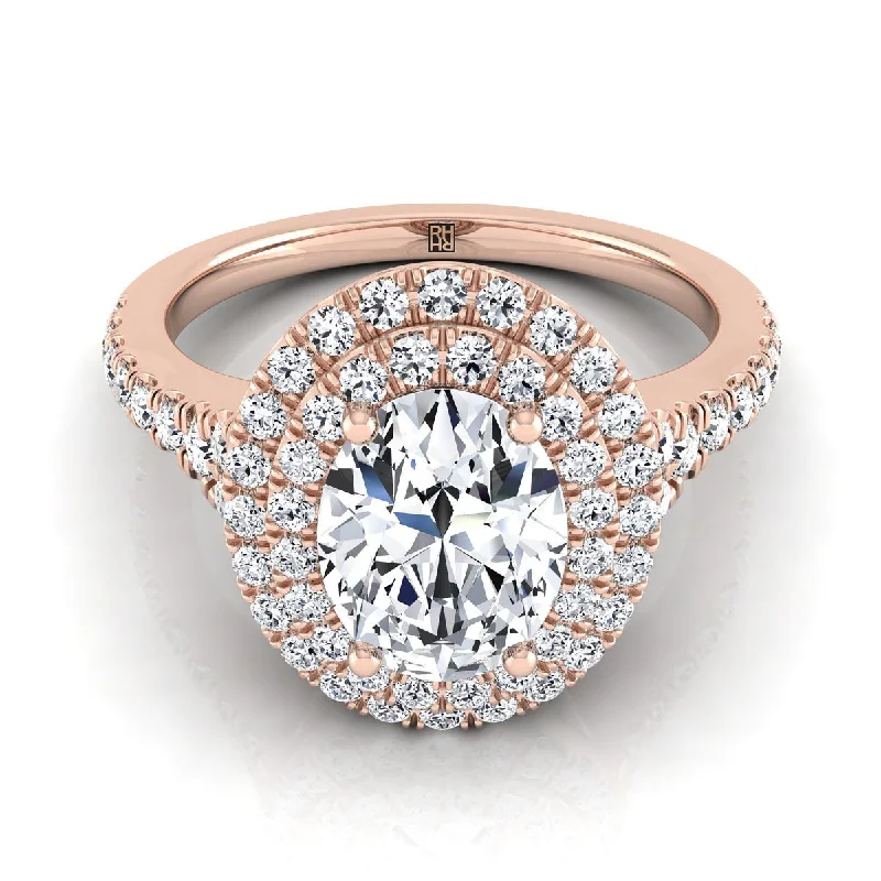 engagement rings with colored sapphires-14K Rose Gold Oval Diamond Double Halo Scalloped Pavé Engagement Ring -1/2ctw