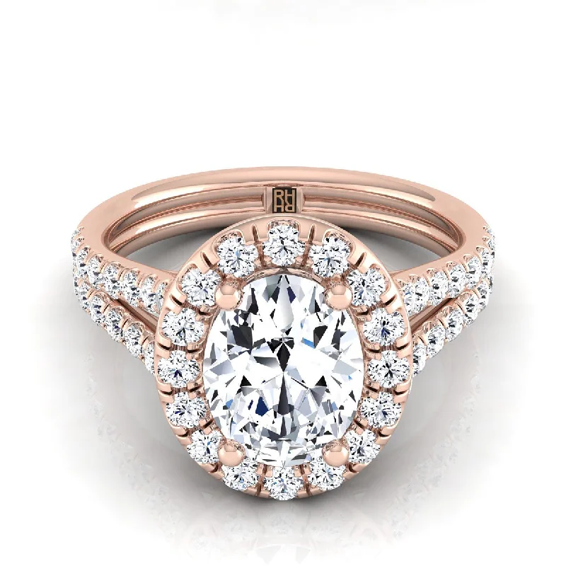 simple rings for men with diamonds-14K Rose Gold Oval Diamond French Pave Split Shank Halo Engagement Ring -5/8ctw