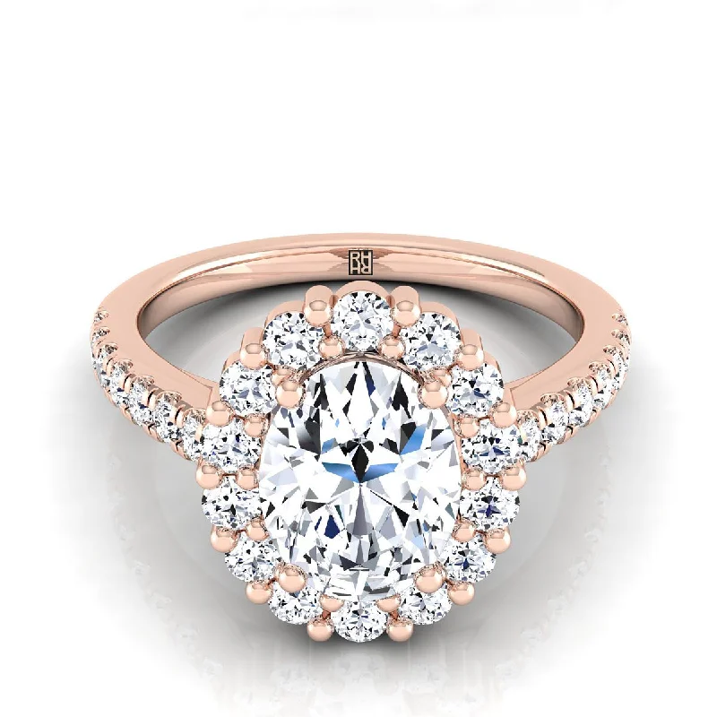 men’s promise rings with colored gemstones-14K Rose Gold Oval Diamond Shared Prong Halo Engagement Ring -5/8ctw