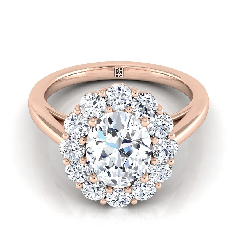 designer wedding bands with sapphires-14K Rose Gold Oval Diamond Floral Halo Engagement Ring -3/4ctw