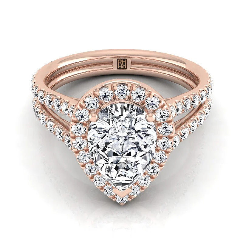 women’s custom rings for engagement with diamonds-14K Rose Gold Pear Shape Center Diamond Halo Two Row Pavé Split Shank Engagement Ring -7/8ctw