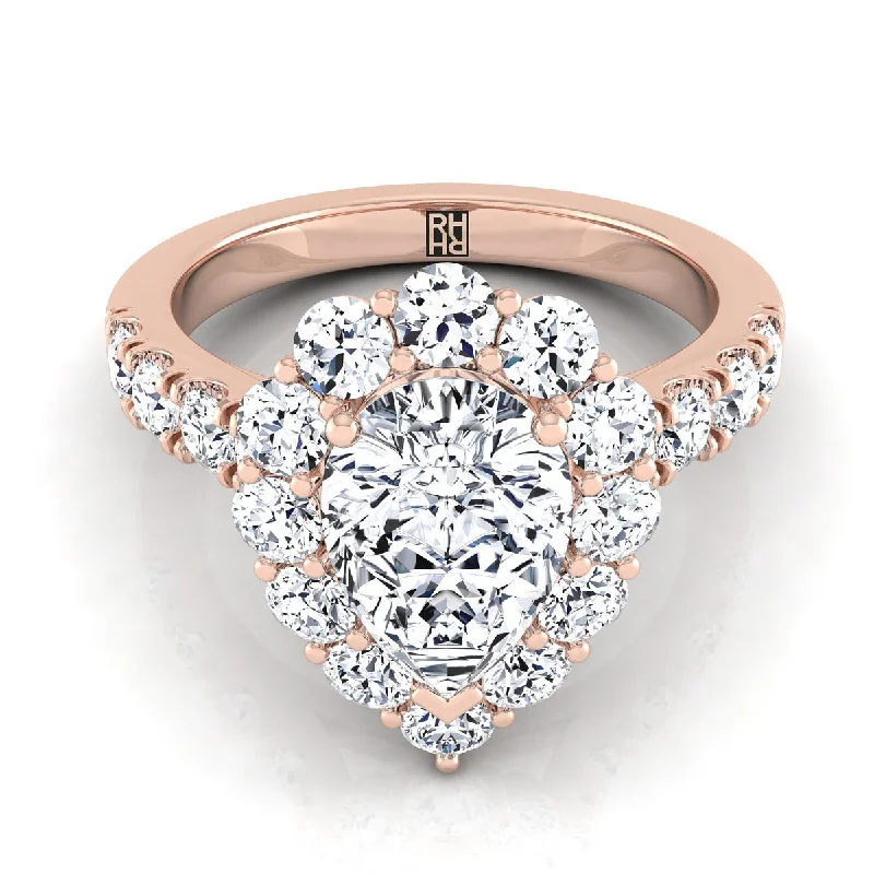 affordable rings with sapphires and diamonds-14K Rose Gold Pear Shape Center Diamond Luxe Style French Pave Halo Engagement Ring -1-1/10ctw