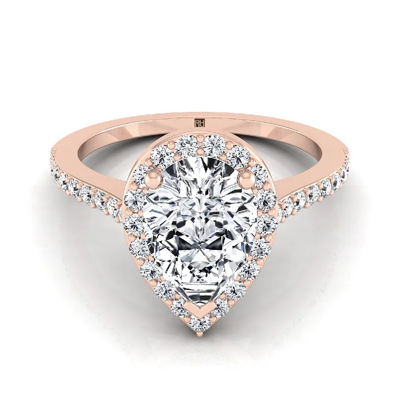 luxury wedding rings for women with sapphires-14K Rose Gold Pear Shape Center Classic French Pave Diamond Halo and Linear Engagement Ring -1/3ctw