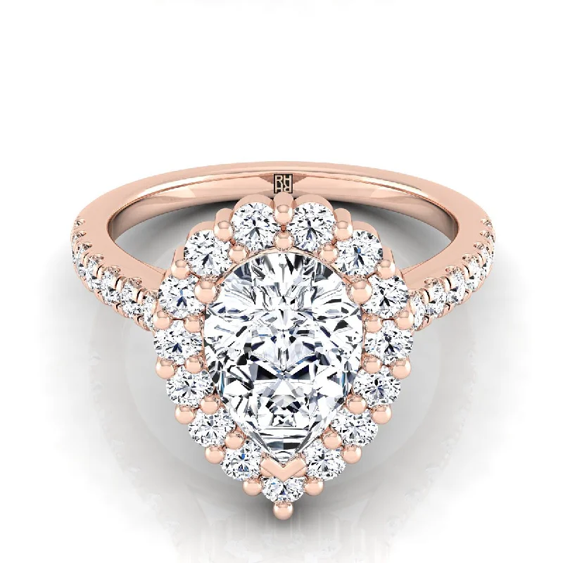 unique wedding rings with sapphire stones-14K Rose Gold Pear Shape Center Diamond Shared Prong Halo Engagement Ring -5/8ctw