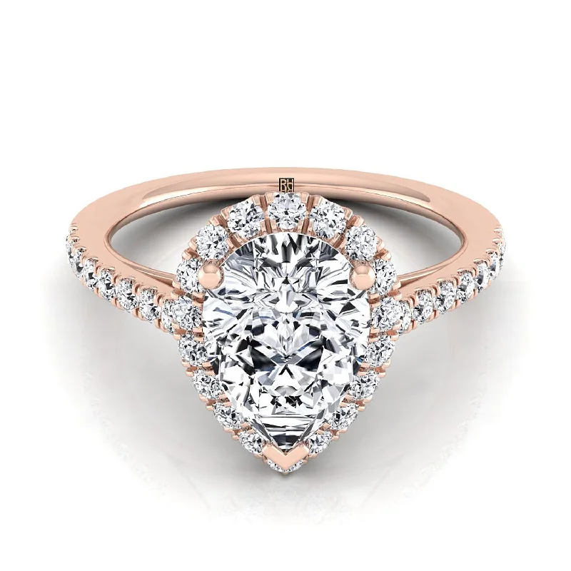 custom rings for engagement with sapphires-14K Rose Gold Pear Shape Center Diamond Petite Halo French Pave Engagement Ring -3/8ctw