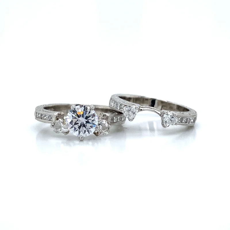 engagement rings with colored sapphires-Side Stone Heart Shaped Bridal Set in Platinum