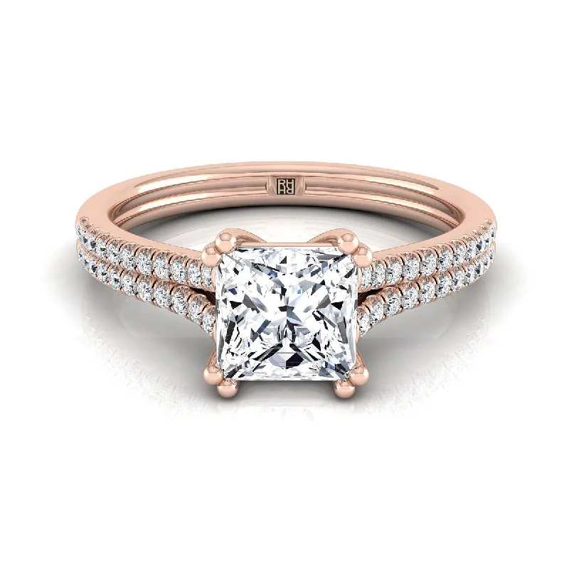 silver wedding rings with emerald stones-14K Rose Gold Princess Cut Diamond Double Row Double Prong French Pave Engagement Ring -1/6ctw