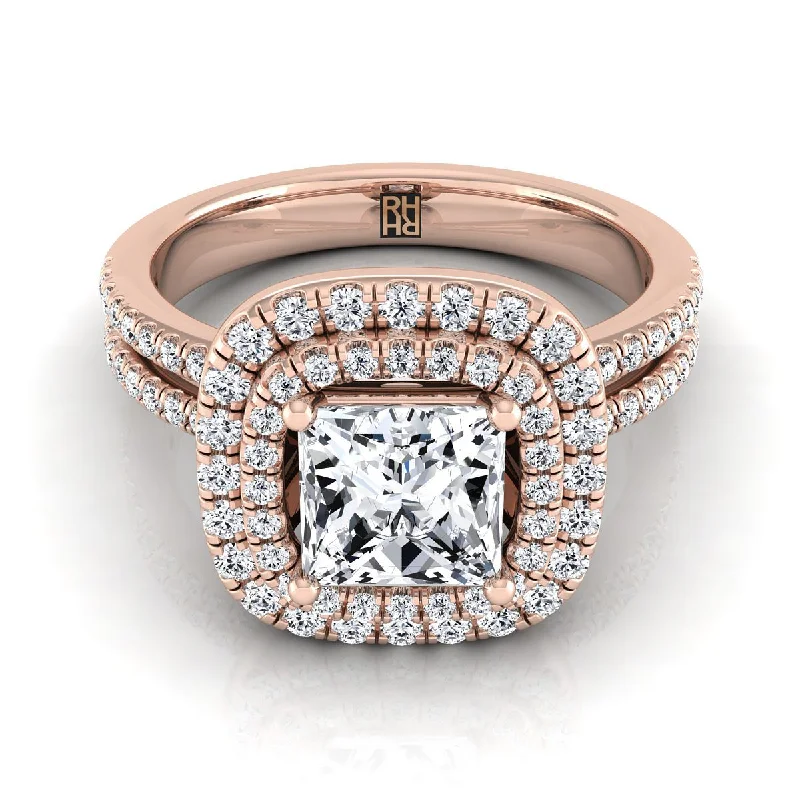 affordable engagement rings for men with rubies-14K Rose Gold Princess Cut Linear Double Row Halo Diamond Engagement Ring -3/8ctw