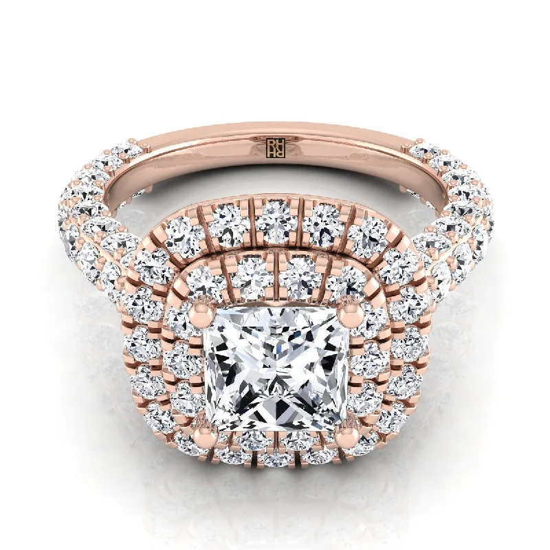 best engagement rings with colored stones-14K Rose Gold Princess Cut Diamond Bold and Fancy Double Halo French Pave Engagement Ring -2ctw