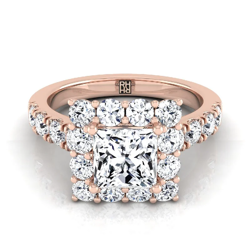 engagement rings with sapphires and rubies for women-14K Rose Gold Princess Cut Diamond Luxe Style French Pave Halo Engagement Ring -1-1/10ctw