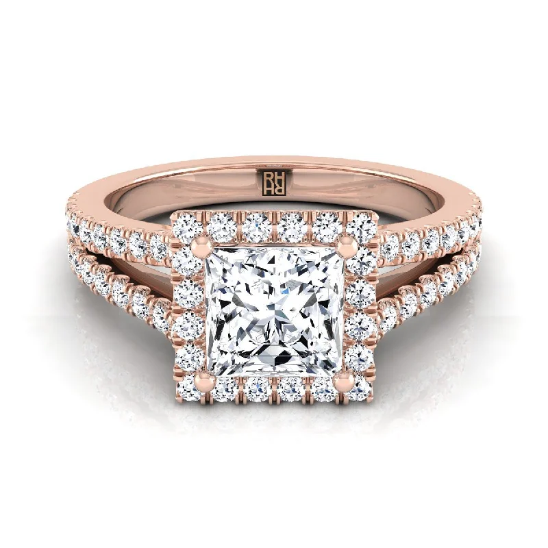 silver rings with diamonds and rubies for men-14K Rose Gold Princess Cut Diamond Halo Center with French Pave Split Shank Engagement Ring -3/8ctw