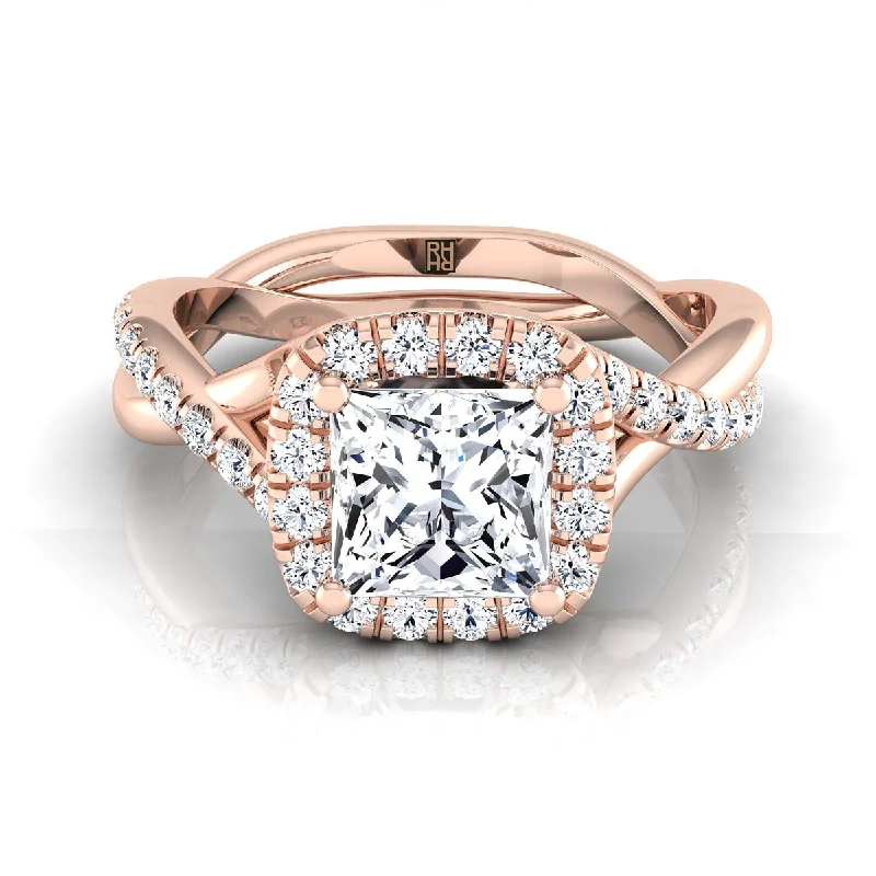 women’s rings with rubies for engagement-14K Rose Gold Princess Cut Diamond Twisted Scalloped Pavé Halo Center Engagement Ring -3/8ctw