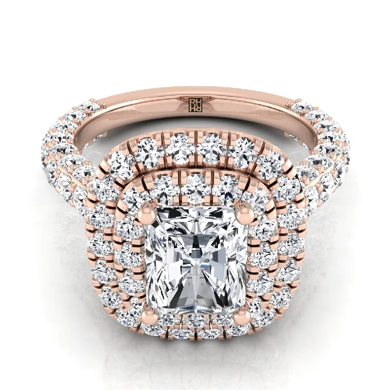 engagement rings with white sapphires-14K Rose Gold Radiant Cut Center Diamond Bold and Fancy Double Halo French Pave Engagement Ring -2ctw