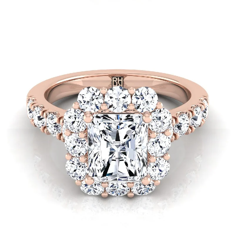 engagement rings with rubies and diamonds for men-14K Rose Gold Radiant Cut Center Diamond Luxe Style French Pave Halo Engagement Ring -1-1/10ctw