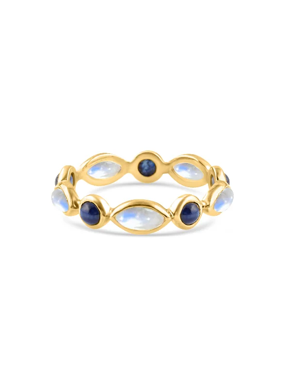 engagement rings for men with gold bands and sapphires-Rainbow Moonstone Marquise & Blue Sapphire Round In 18K Yellow Gold