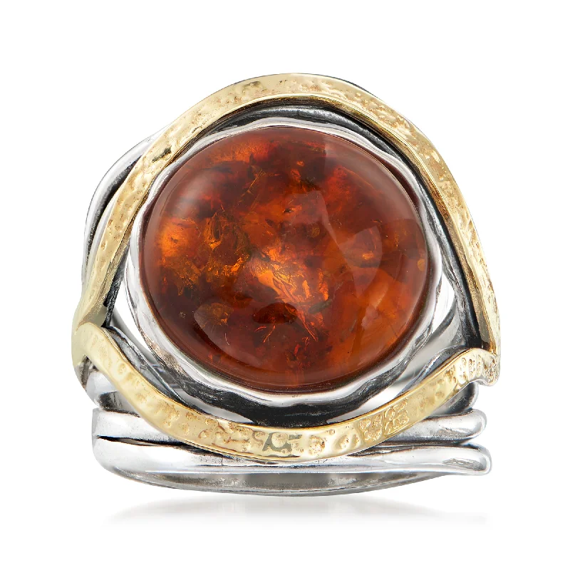 affordable engagement rings with sapphire stones-Ross-Simons Amber Cabochon Ring in Sterling Silver With 14kt Yellow Gold