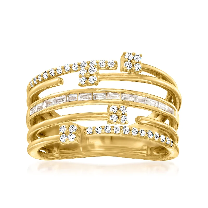 simple gold wedding bands for women with diamonds-Ross-Simons Baguette and Round Diamond Multi-Row Ring in 18kt Gold Over Sterling