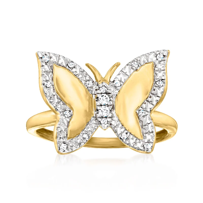 gold wedding rings with rubies and sapphires-Ross-Simons Diamond Butterfly Ring in 18kt Gold Over Sterling