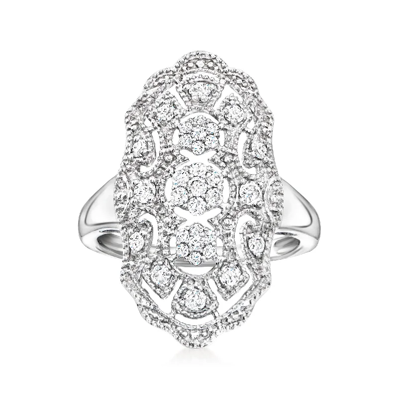 wedding rings with personalized engravings for women-Ross-Simons Diamond Vintage-Style Dinner Ring in Sterling Silver