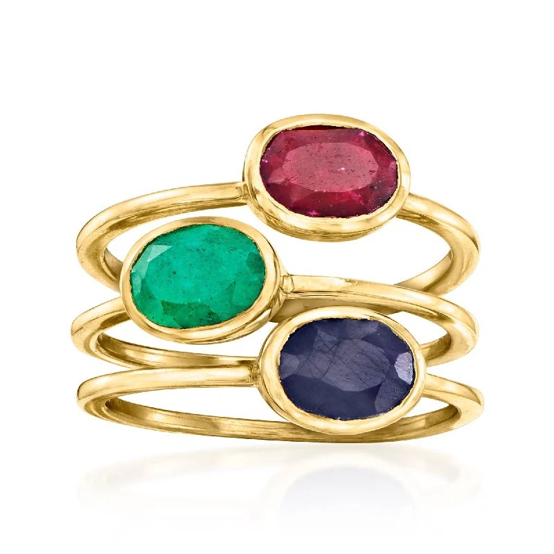 custom wedding rings for couples with rubies-Ross-Simons Multi-Gemstone Jewelry Set: 3 Rings in 18kt Gold Over Sterling