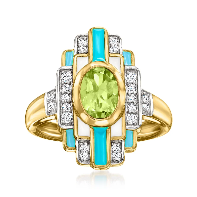 unique wedding rings for men with diamonds-Ross-Simons Peridot and . White Topaz Ring With Blue and White Enamel in 18kt Gold Over Sterling