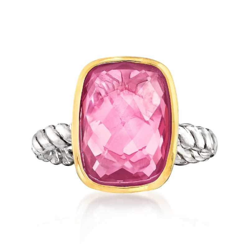 custom wedding rings for couples with diamonds-Ross-Simons Pink Quartz Ring in 14kt Yellow Gold and Sterling Silver