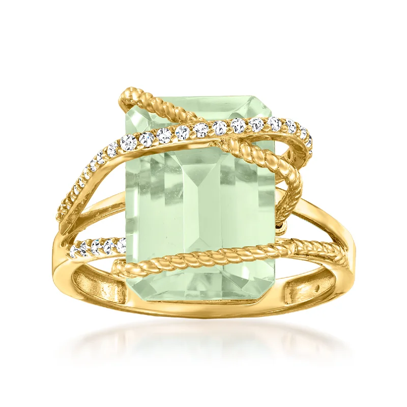 wedding rings with diamonds and emeralds for women-Ross-Simons Prasiolite and . Diamond Ring in 14kt Yellow Gold