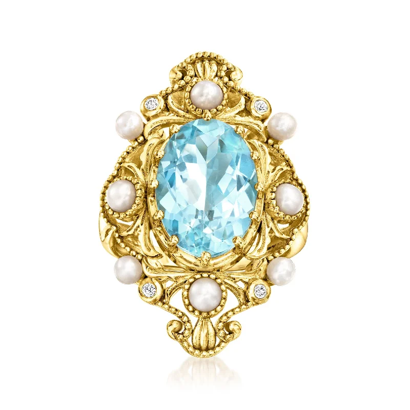 designer engagement rings with colored diamonds-Ross-Simons Sky Blue Topaz Ring With 2.5-3.5mm Cultured Pearls and White Zircon Accents in 18kt Gold Over Sterling