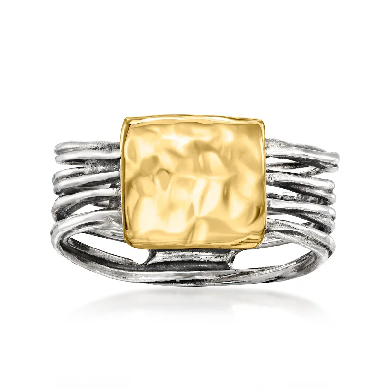 simple wedding bands with gemstones-Ross-Simons Sterling Silver and 14kt Yellow Gold Hammered Square Ring