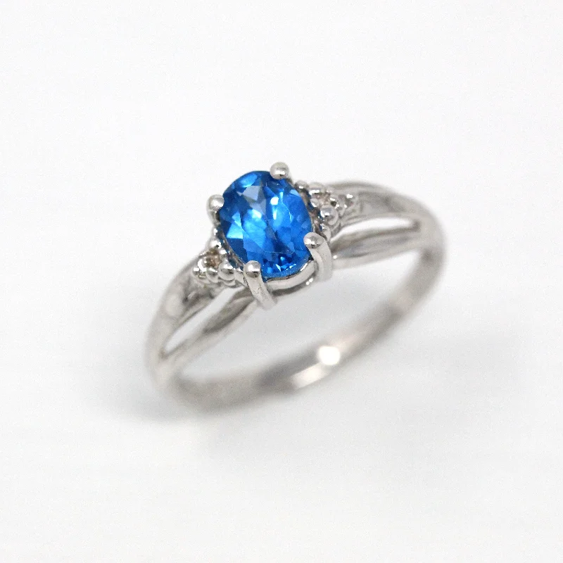 unique engagement rings with sapphires and diamonds-Sale - Created Blue Spinel & Diamond Ring - 10k White Gold Oval Cut 0.48 Carat Blue Gem - Modernist Estate Size 6 3/4 Fine Vintage Jewelry