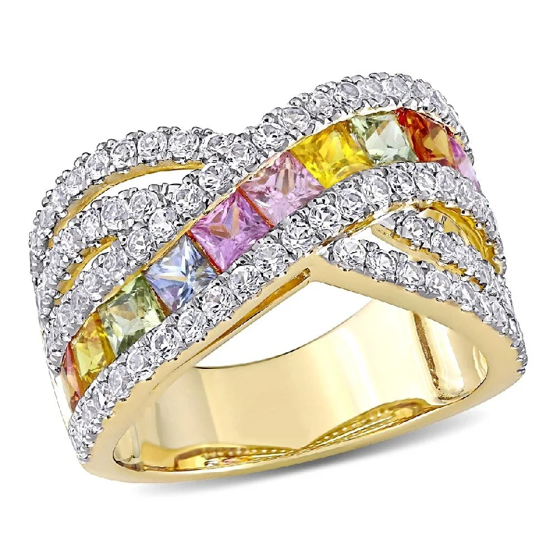 classic gold wedding bands for women-Square-Cut Multi-Color Sapphire Crossover Ring in 14k Yellow Gold by Miadora