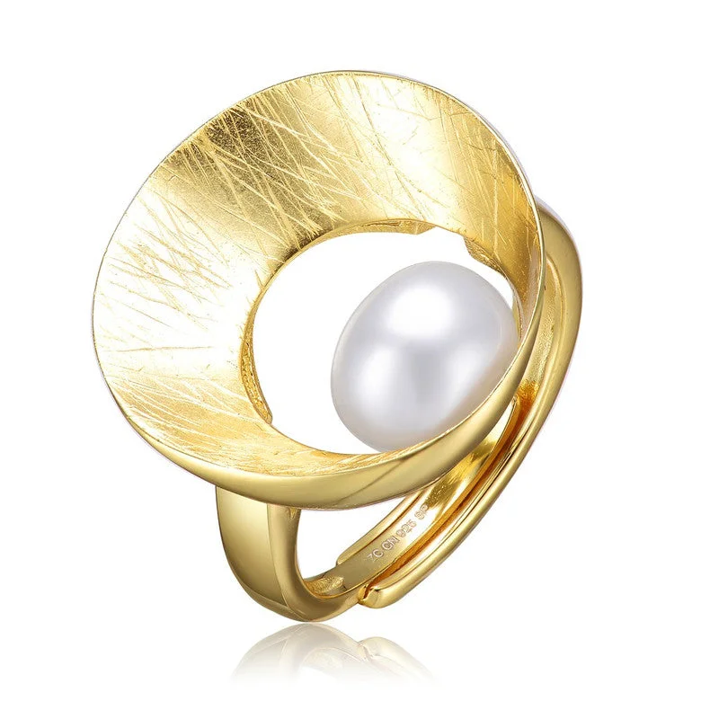 wedding rings with opal stones for men-Sterling Silver 14k Gold Plated with Genuine Freshwater Pearl Geometric Ring