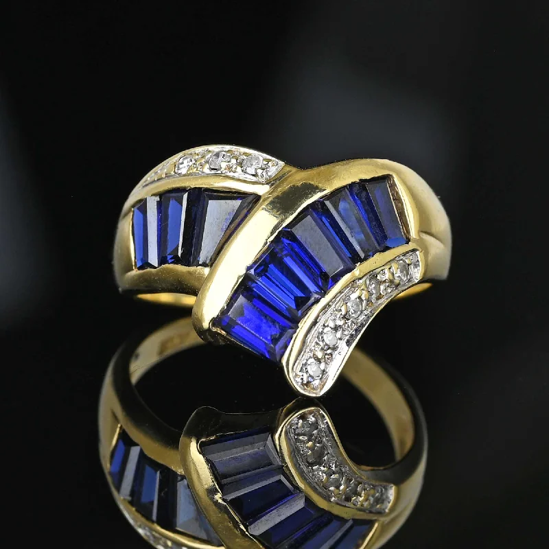 affordable promise rings with diamonds-Vintage 14K Gold Diamond Baguette Sapphire Cocktail Ring